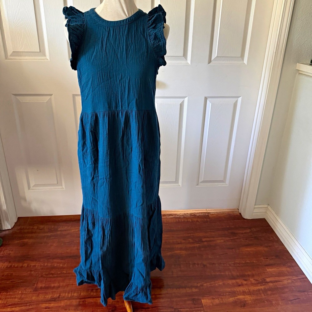 Universal Thread Womens S Blue Sleeveless Ruffle Midi Dress Pockets Cotton